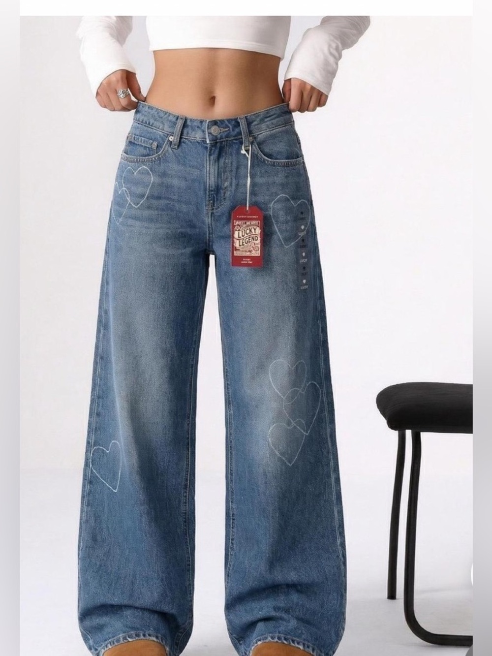 Lucky Brand Blue Wide Leg Flare Jeans with Heart Stitching